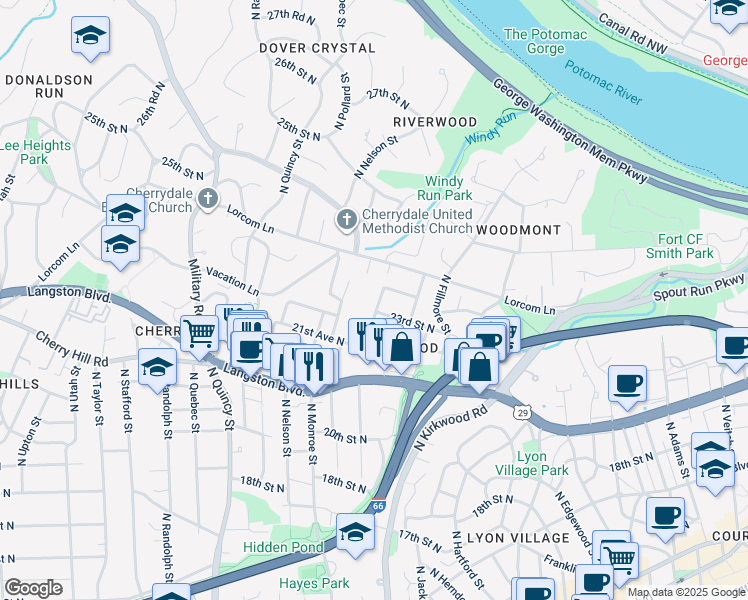 map of restaurants, bars, coffee shops, grocery stores, and more near 2304 North Kenmore Street in Arlington