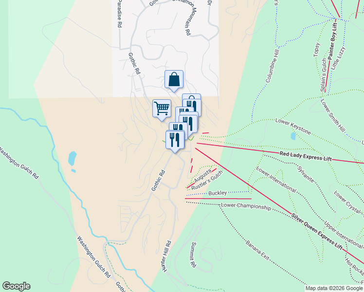 map of restaurants, bars, coffee shops, grocery stores, and more near 1349 Crested Butte Way in Crested Butte