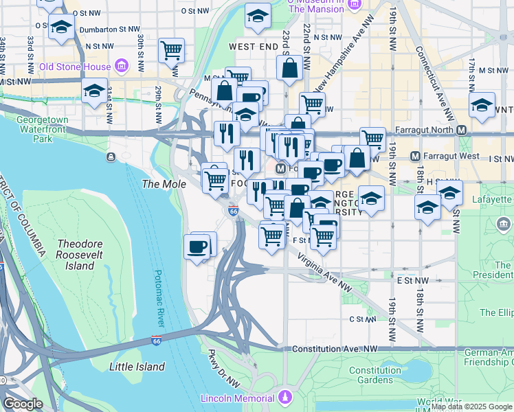 map of restaurants, bars, coffee shops, grocery stores, and more near 101 Independence Avenue Southeast in Washington