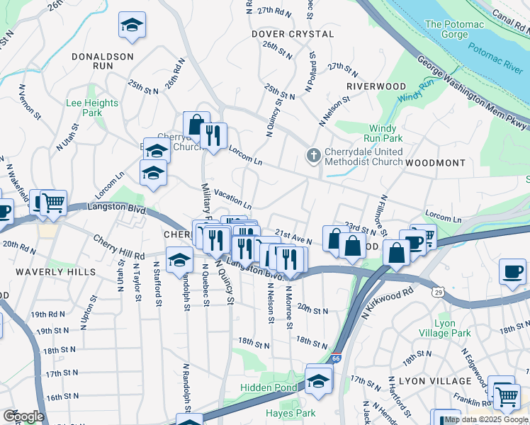 map of restaurants, bars, coffee shops, grocery stores, and more near 3662 Vacation Lane in Arlington