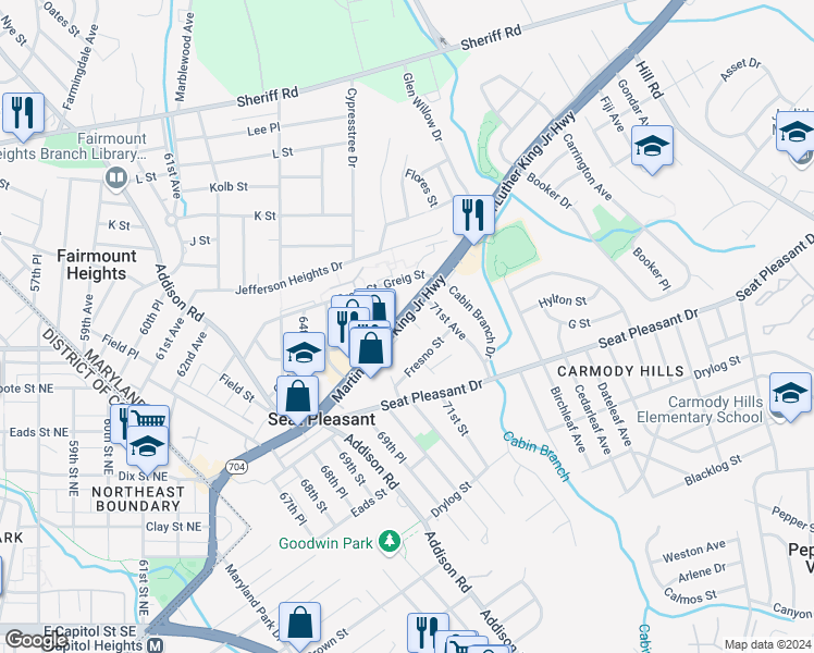 map of restaurants, bars, coffee shops, grocery stores, and more near 6005 Martin Luther King Junior Court in Capitol Heights