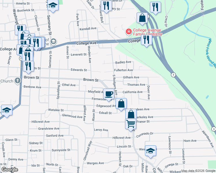 map of restaurants, bars, coffee shops, grocery stores, and more near 3327 Brown Street in Alton