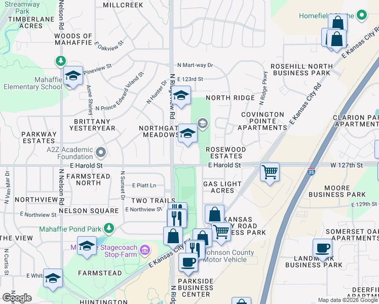 map of restaurants, bars, coffee shops, grocery stores, and more near 1100 North Ridgeview Road in Olathe