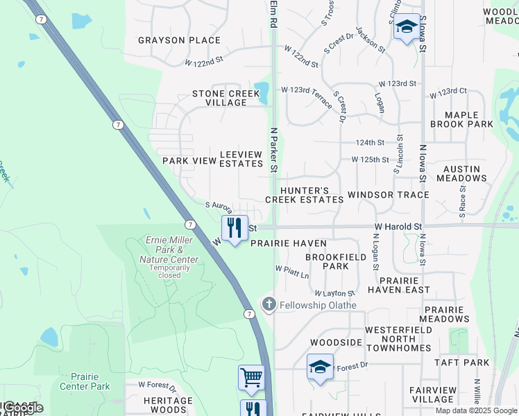 map of restaurants, bars, coffee shops, grocery stores, and more near 21593 West 126th Terrace in Olathe