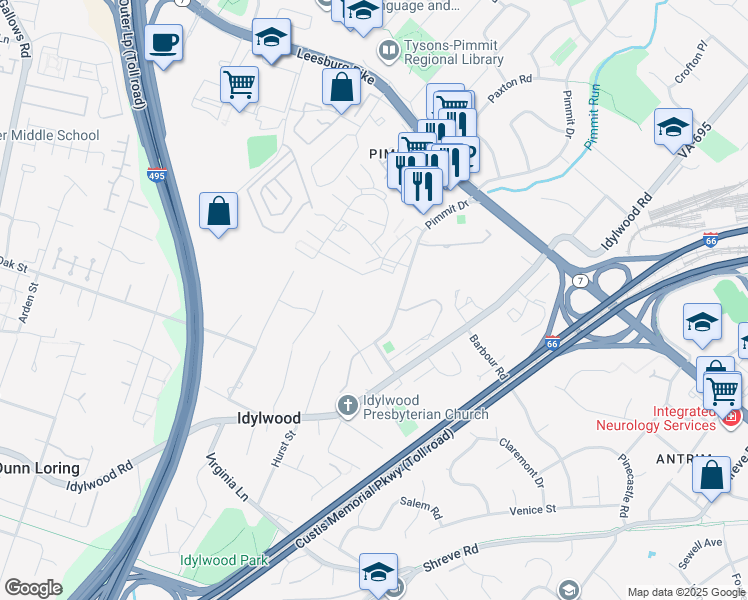 map of restaurants, bars, coffee shops, grocery stores, and more near 2300 Pimmit Drive in Falls Church