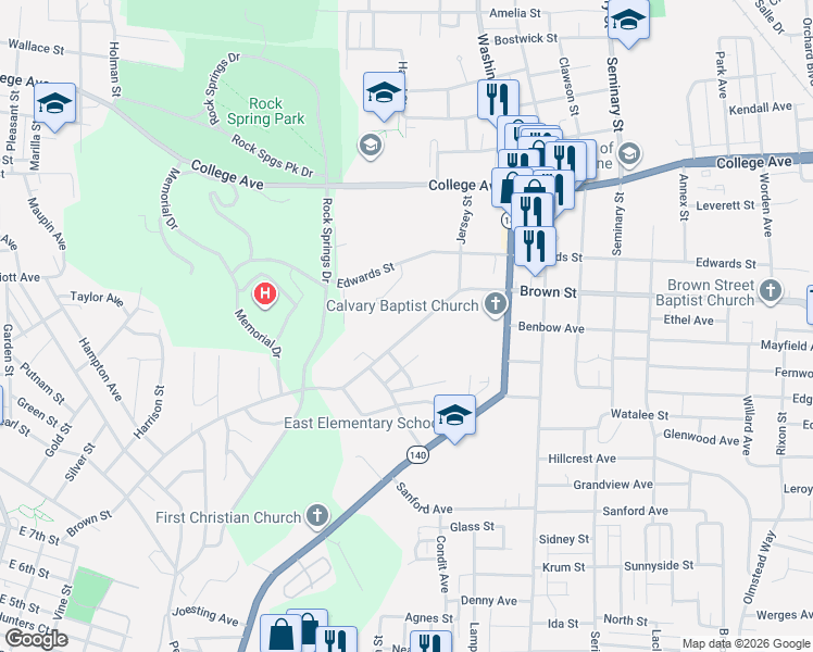 map of restaurants, bars, coffee shops, grocery stores, and more near 2300 Brown Street in Alton