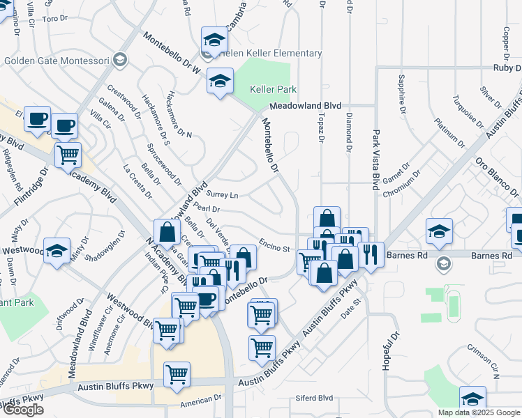 map of restaurants, bars, coffee shops, grocery stores, and more near 3845 Fetlock Circle in Colorado Springs