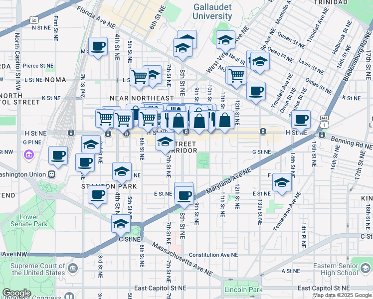 map of restaurants, bars, coffee shops, grocery stores, and more near 101 Independence Avenue Southeast in Washington