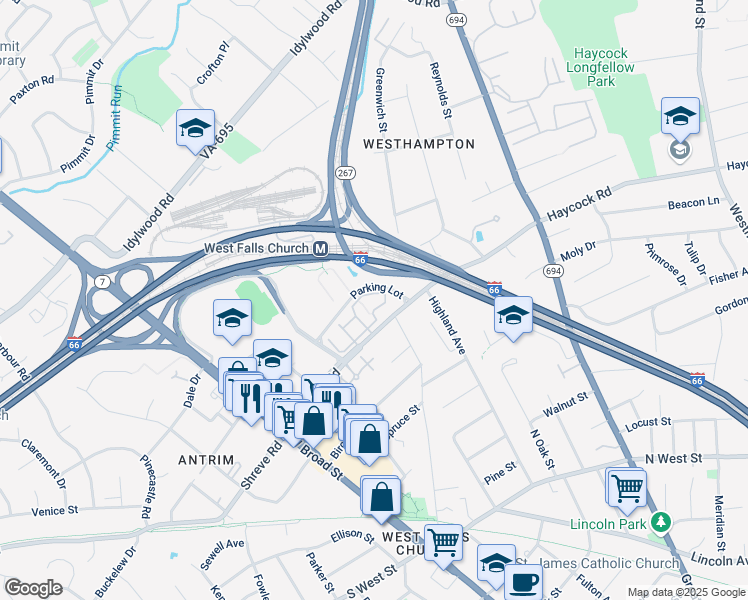 map of restaurants, bars, coffee shops, grocery stores, and more near 7000 Falls Reach Drive in Falls Church