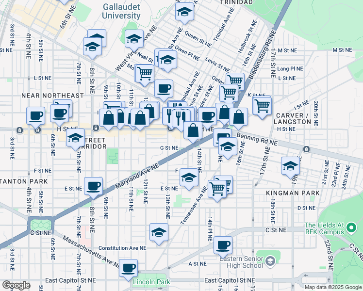 map of restaurants, bars, coffee shops, grocery stores, and more near 1332 G Street Northeast in Washington