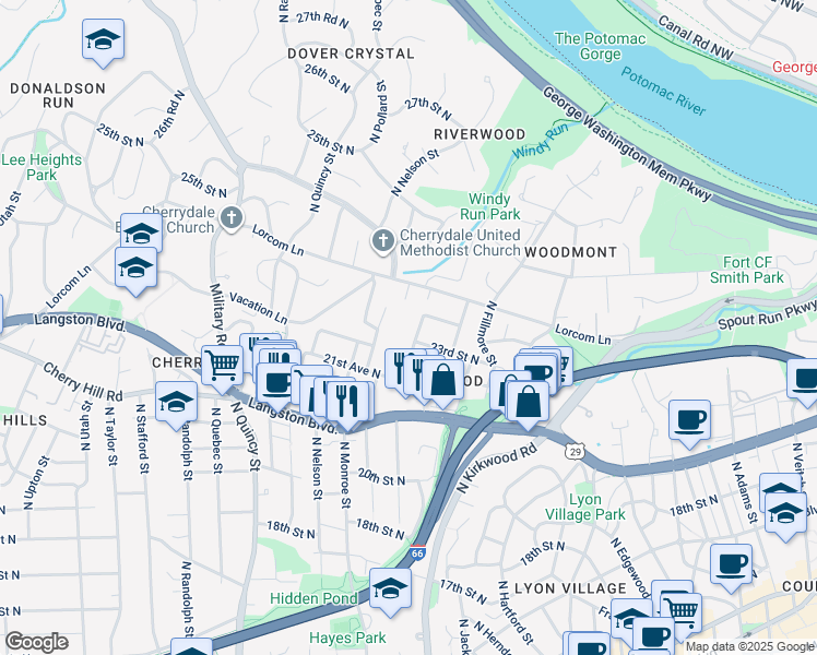 map of restaurants, bars, coffee shops, grocery stores, and more near 2304 North Kenmore Street in Arlington
