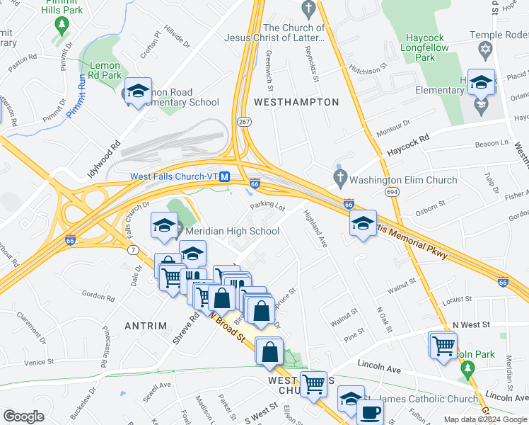 map of restaurants, bars, coffee shops, grocery stores, and more near 7000 Falls Reach Drive in Falls Church
