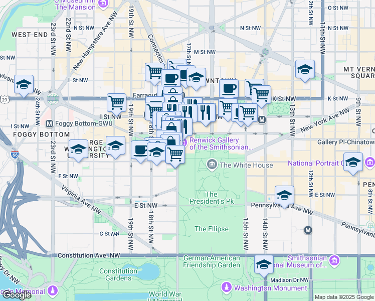 map of restaurants, bars, coffee shops, grocery stores, and more near 1651 Pennsylvania Avenue Northwest in Washington