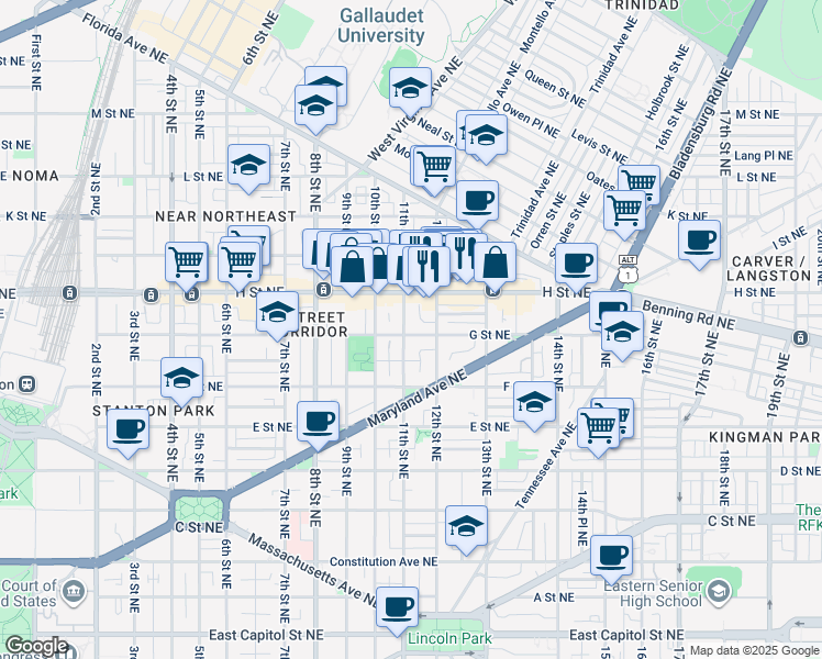 map of restaurants, bars, coffee shops, grocery stores, and more near 1104 G Street Northeast in Washington
