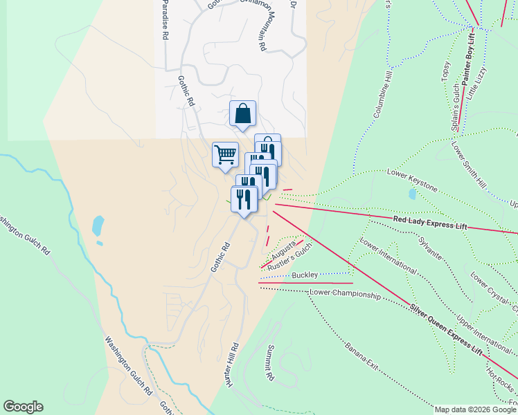 map of restaurants, bars, coffee shops, grocery stores, and more near 1349 Crested Butte Way in Crested Butte