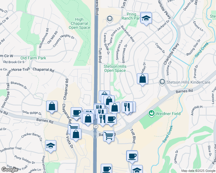map of restaurants, bars, coffee shops, grocery stores, and more near 4672 Saddle Ridge Drive in Colorado Springs