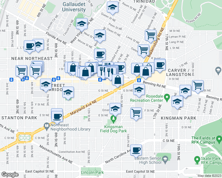 map of restaurants, bars, coffee shops, grocery stores, and more near 1332 G Street Northeast in Washington