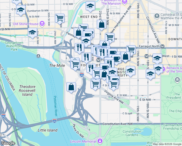 map of restaurants, bars, coffee shops, grocery stores, and more near 101 Independence Avenue Southeast in Washington