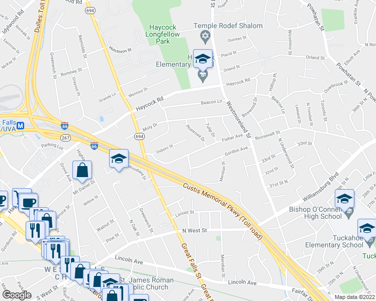 map of restaurants, bars, coffee shops, grocery stores, and more near 6642 Fisher Avenue in Falls Church