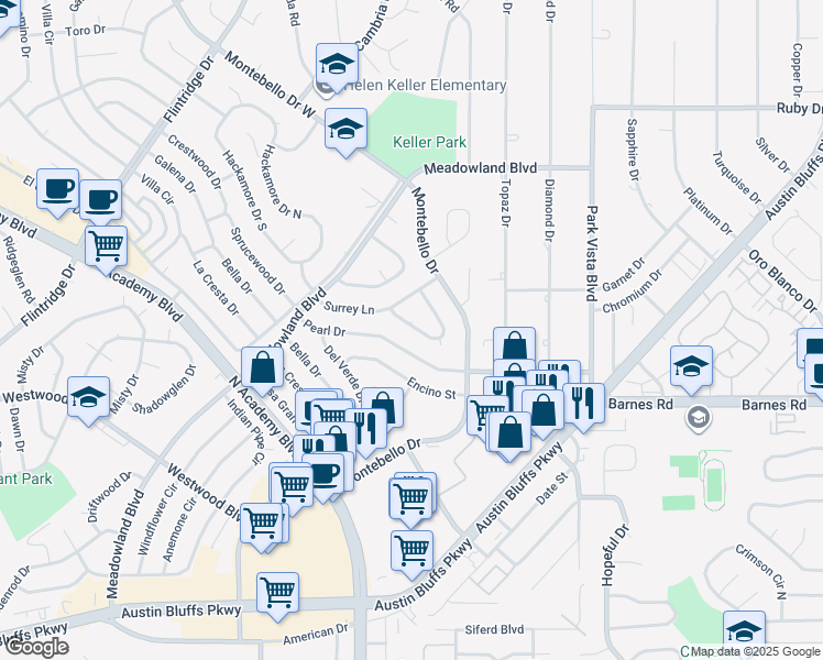 map of restaurants, bars, coffee shops, grocery stores, and more near 3845 Fetlock Circle in Colorado Springs