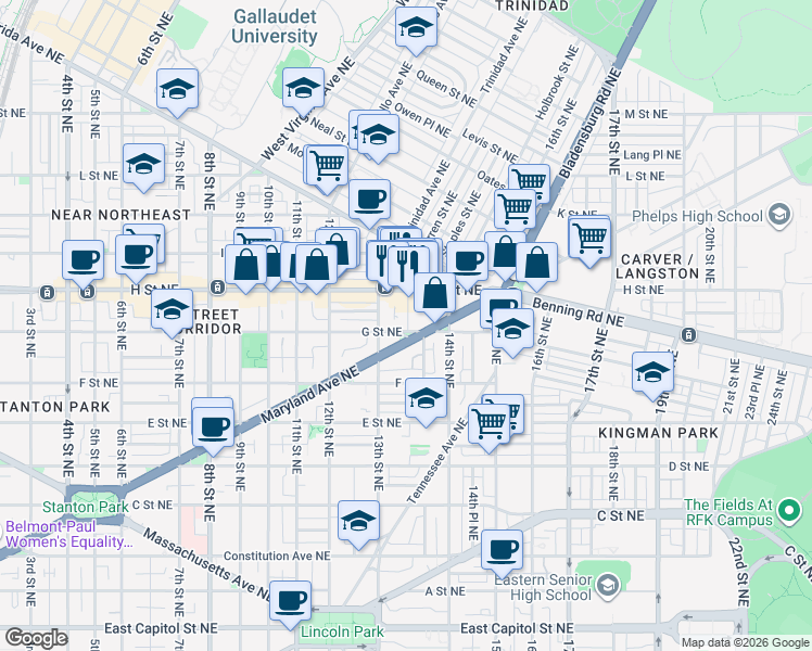 map of restaurants, bars, coffee shops, grocery stores, and more near 101 Independence Avenue Southeast in Washington