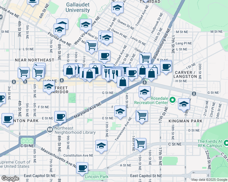 map of restaurants, bars, coffee shops, grocery stores, and more near 101 Independence Avenue Southeast in Washington