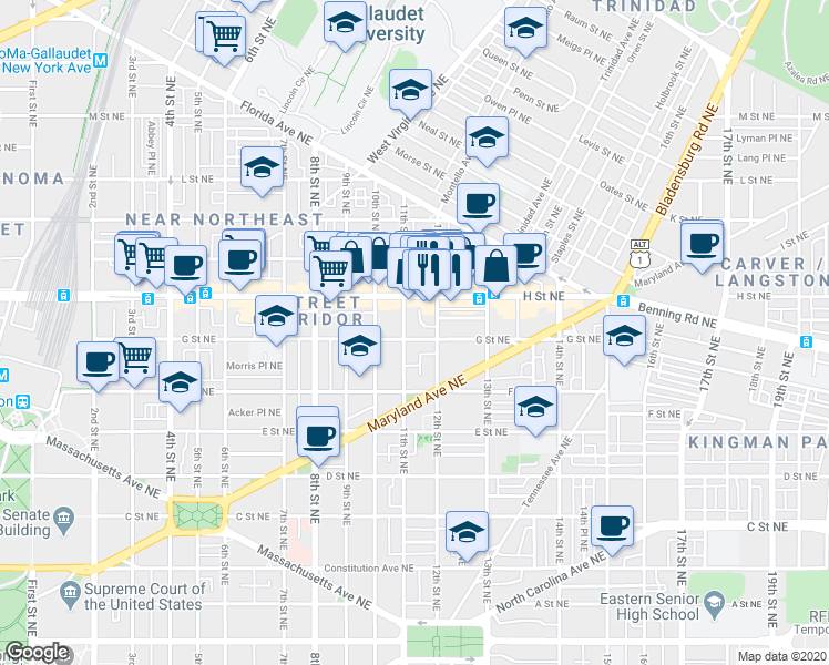 map of restaurants, bars, coffee shops, grocery stores, and more near 101 Independence Avenue Southeast in Washington