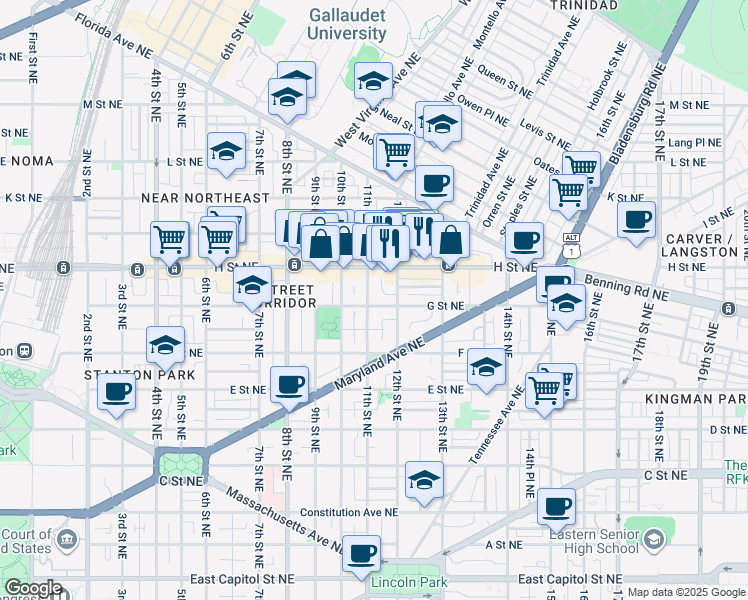 map of restaurants, bars, coffee shops, grocery stores, and more near 1104 G Street Northeast in Washington