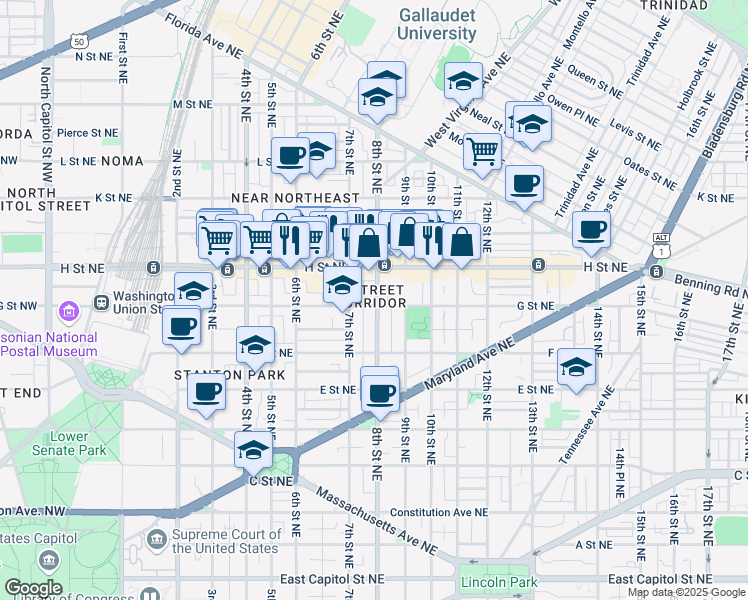 map of restaurants, bars, coffee shops, grocery stores, and more near 101 Independence Avenue Southeast in Washington