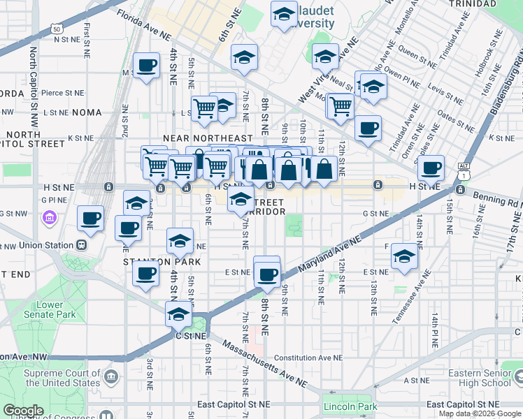 map of restaurants, bars, coffee shops, grocery stores, and more near 101 Independence Avenue Southeast in Washington