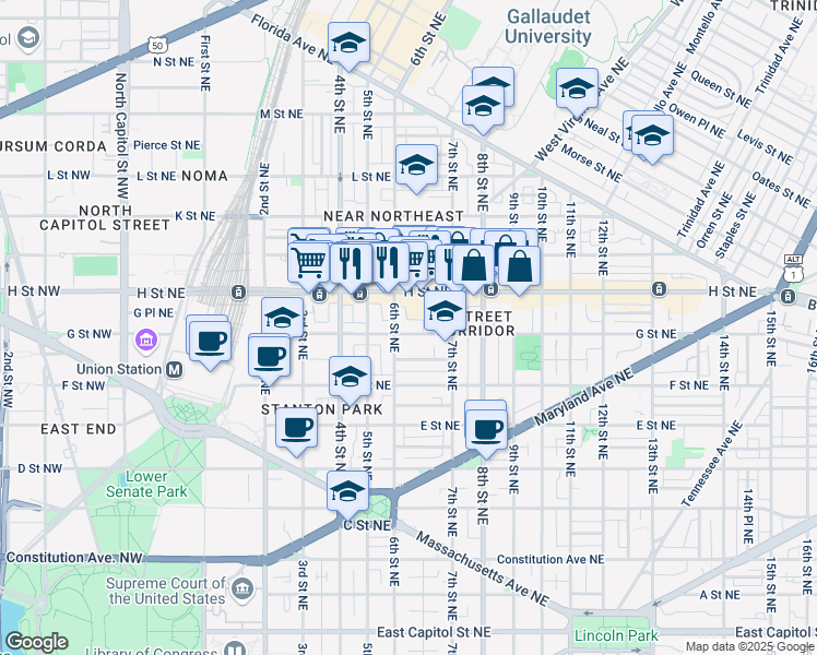 map of restaurants, bars, coffee shops, grocery stores, and more near 614 G Street Northeast in Washington