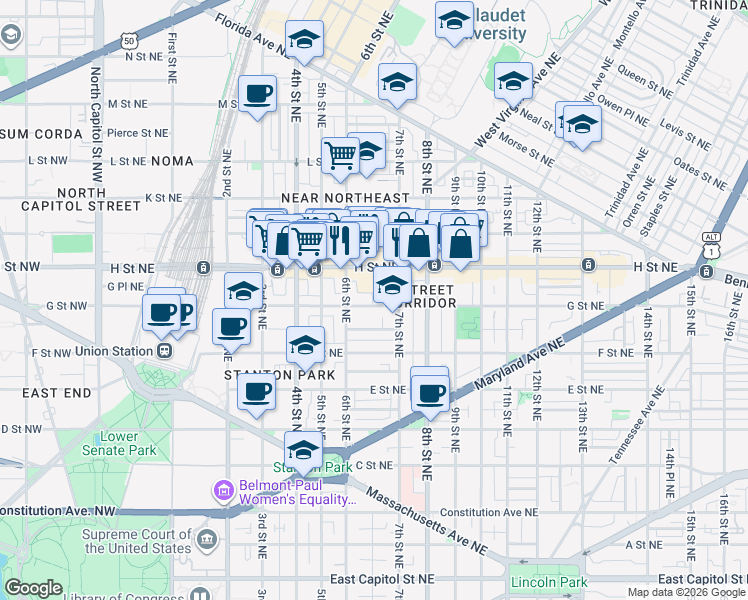 map of restaurants, bars, coffee shops, grocery stores, and more near 101 Independence Avenue Southeast in Washington