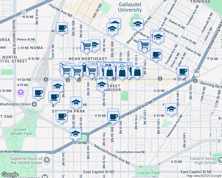 map of restaurants, bars, coffee shops, grocery stores, and more near 101 Independence Avenue Southeast in Washington