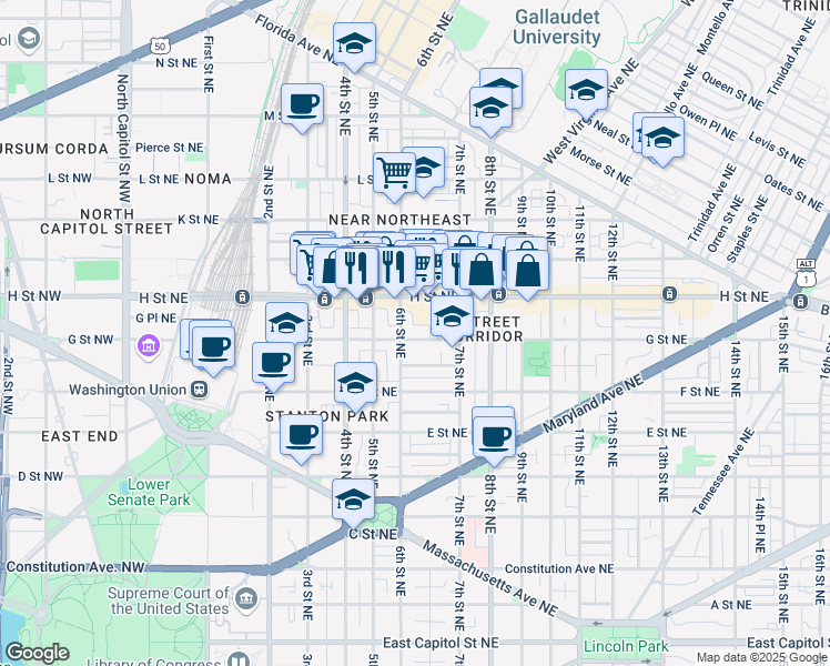 map of restaurants, bars, coffee shops, grocery stores, and more near 614 G Street Northeast in Washington