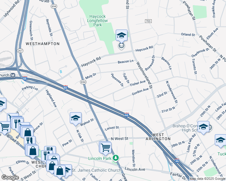 map of restaurants, bars, coffee shops, grocery stores, and more near 6642 Fisher Avenue in Falls Church