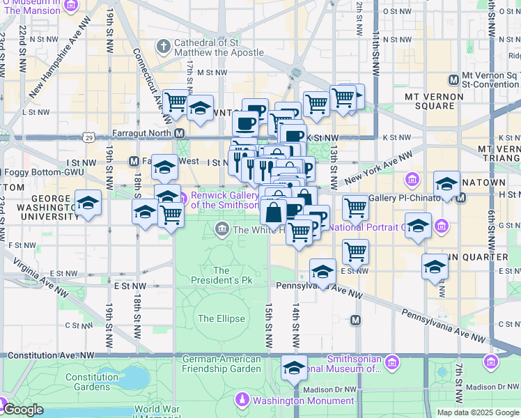map of restaurants, bars, coffee shops, grocery stores, and more near 1505 Pennsylvania Avenue Northwest in Washington