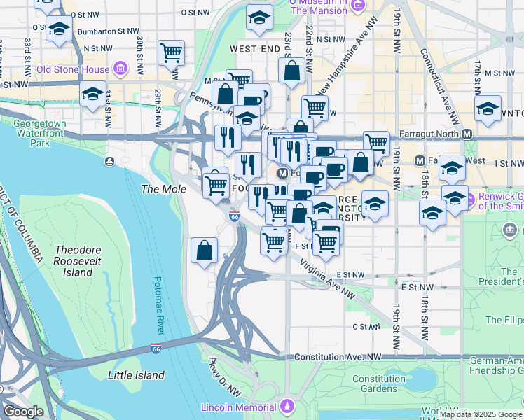 map of restaurants, bars, coffee shops, grocery stores, and more near 730 24th Street Northwest in Washington