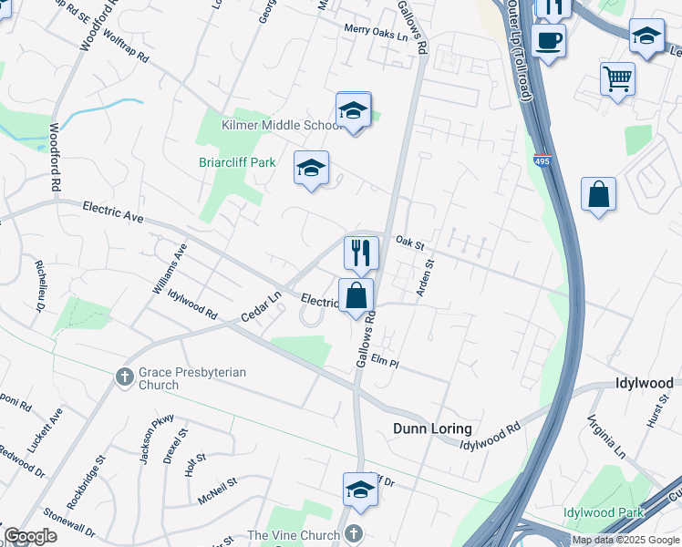 map of restaurants, bars, coffee shops, grocery stores, and more near 8134 Larkin Lane in Vienna