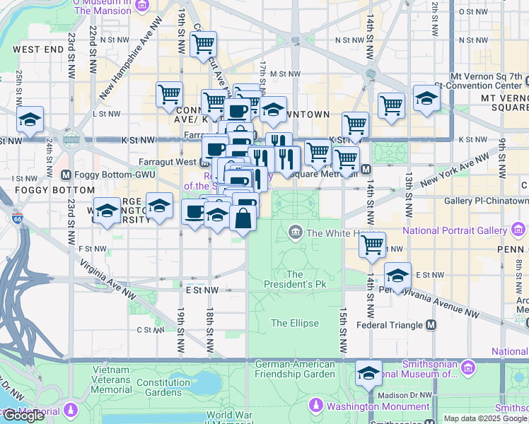 map of restaurants, bars, coffee shops, grocery stores, and more near 1651 Pennsylvania Avenue Northwest in Washington