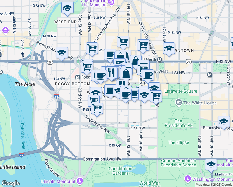 map of restaurants, bars, coffee shops, grocery stores, and more near 720 20th Street Northwest in Washington