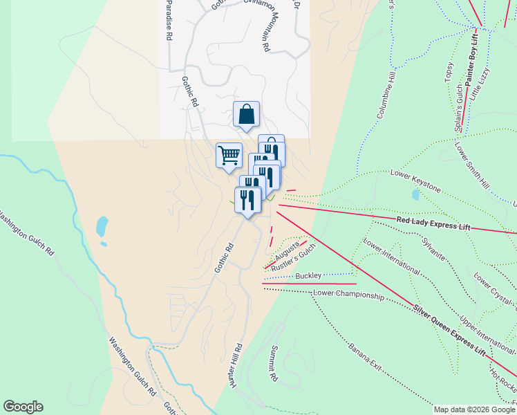 map of restaurants, bars, coffee shops, grocery stores, and more near 1349 Crested Butte Way in Crested Butte