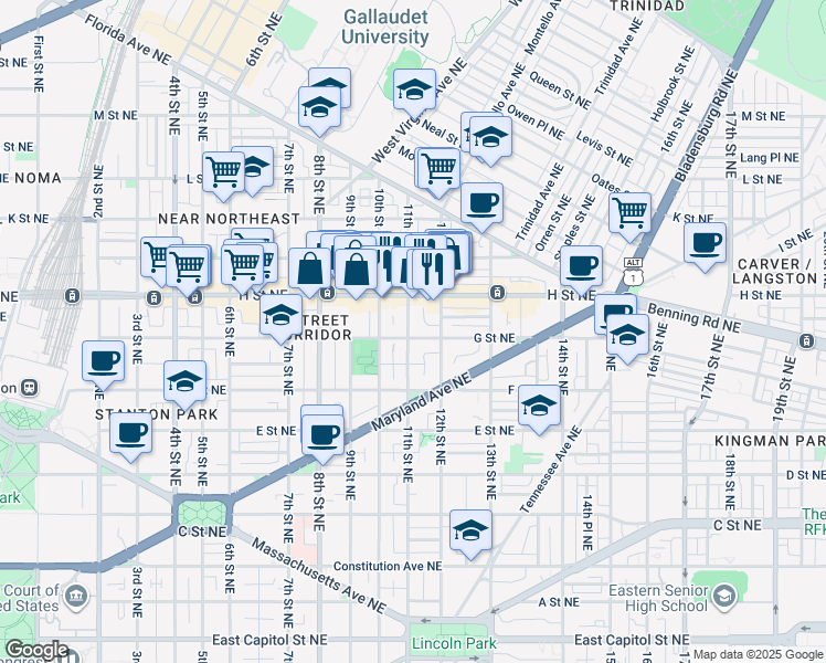map of restaurants, bars, coffee shops, grocery stores, and more near 701 11th Street Northeast in Washington