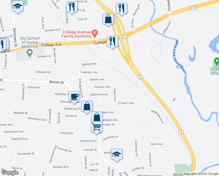 map of restaurants, bars, coffee shops, grocery stores, and more near 3537 Thomas Avenue in Alton
