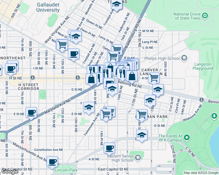 map of restaurants, bars, coffee shops, grocery stores, and more near 711 15th Street Northeast in Washington