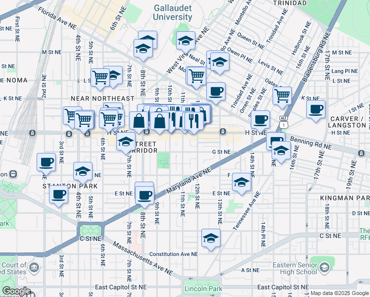 map of restaurants, bars, coffee shops, grocery stores, and more near 701 11th Street Northeast in Washington