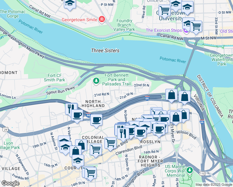 map of restaurants, bars, coffee shops, grocery stores, and more near 2109 North Quinn Street in Arlington
