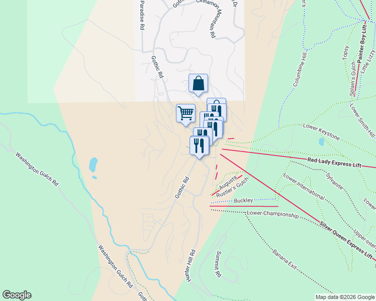 map of restaurants, bars, coffee shops, grocery stores, and more near 74 Marcellina Lane in Crested Butte