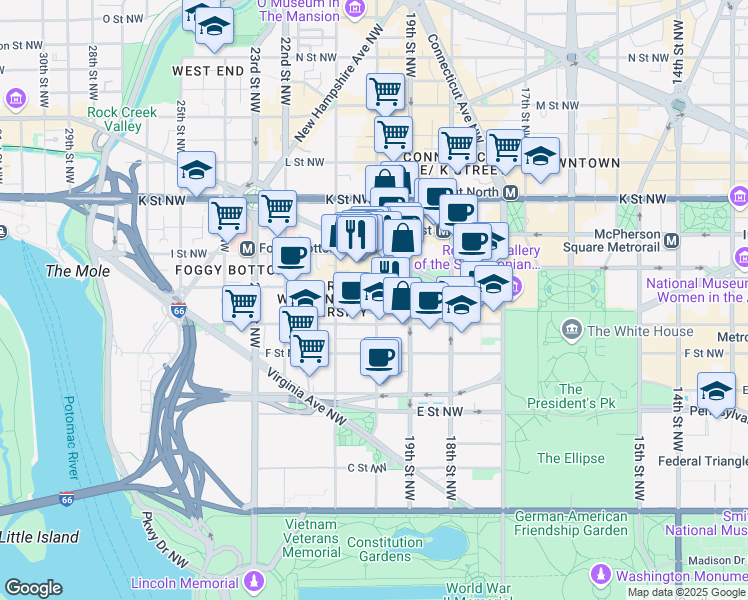 map of restaurants, bars, coffee shops, grocery stores, and more near 720 20th Street Northwest in Washington
