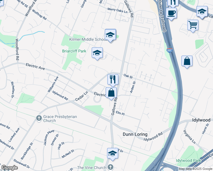 map of restaurants, bars, coffee shops, grocery stores, and more near 8134 Larkin Lane in Vienna