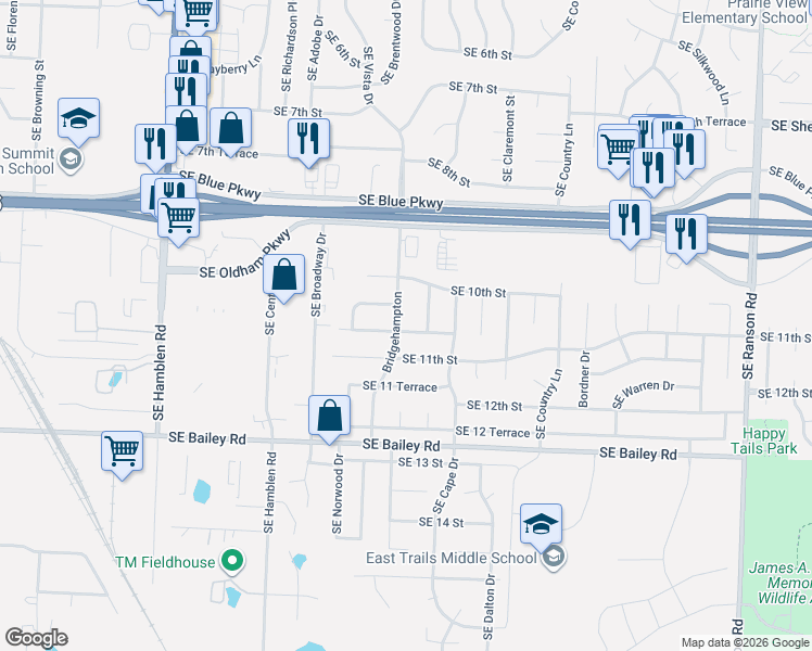 map of restaurants, bars, coffee shops, grocery stores, and more near 1020 Southeast Dover Drive in Lee's Summit